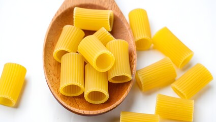 Rigatoni pasta italian food on wooden spoon uncooked dry pasta ingredient concept