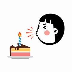 Cute illustration of a child blowing out a birthday cake candle, celebrating a special moment.