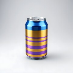 Stock photo of a blue gold and purple striped soda can on a white background close up
