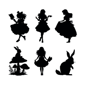 alice in wonderland silhouette set art, Black & White silhouette set