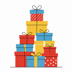 Colorful stack of gift boxes for celebrations and holidays, featuring minimalist flat design presents with ribbons and bows.