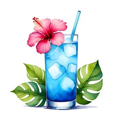 Watercolor blue cocktail with hibiscus flower and tropical leaves summer drink illustration