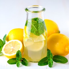 Refreshing homemade lemonade recipe with lemon and mint in glass bottle still life