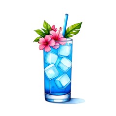 Watercolor blue hawaiian cocktail illustration with hibiscus flower and ice cubes art