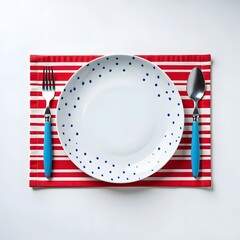 Empty plate setting with blue polka dots fork and spoon on red and white striped mat
