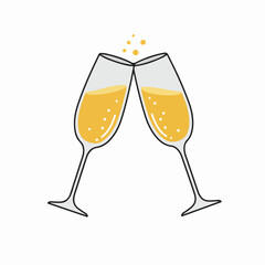 Festive illustration of two champagne glasses clinking, symbolizing celebration and cheers for New Year, weddings, or special occasions.
