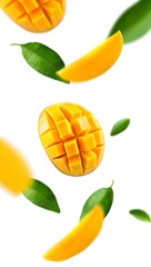 Fresh mango fruit slices with green leaves falling on white background studio shot