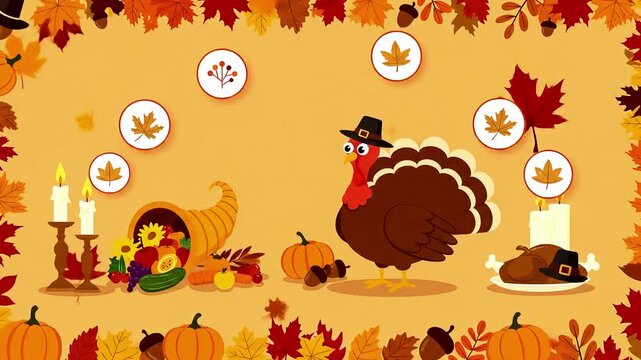Festive Thanksgiving Celebration with Autumn Leaves, Pumpkins, and Turkey