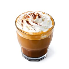 Delicious iced coffee drink with whipped cream and chocolate powder on a white background