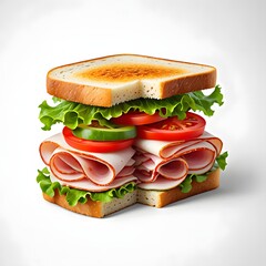 Delicious ham sandwich with lettuce tomato and cucumber on white background close up shot