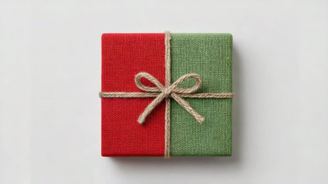 Red and green gift box tied with natural rope and twine bow white