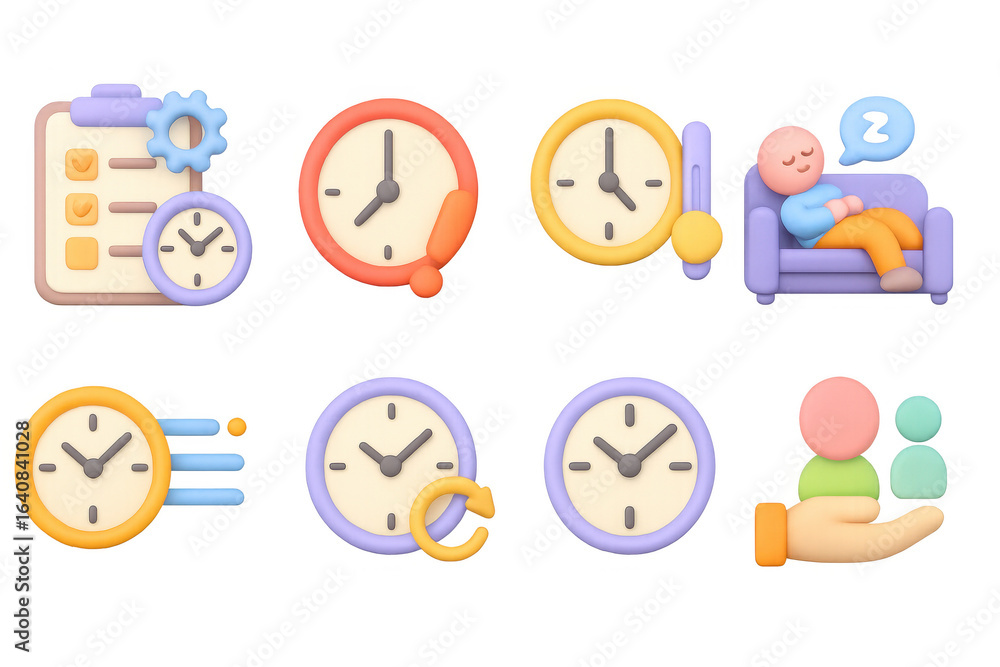 Poster 3d colorful schedule and time management icons with clocks and characters