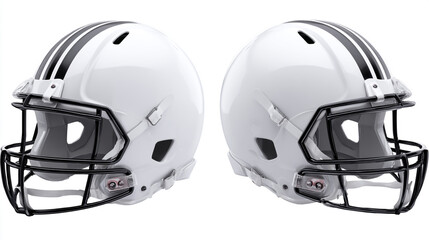 Fototapeta premium Two white football helmets with black stripes isolated on white background
