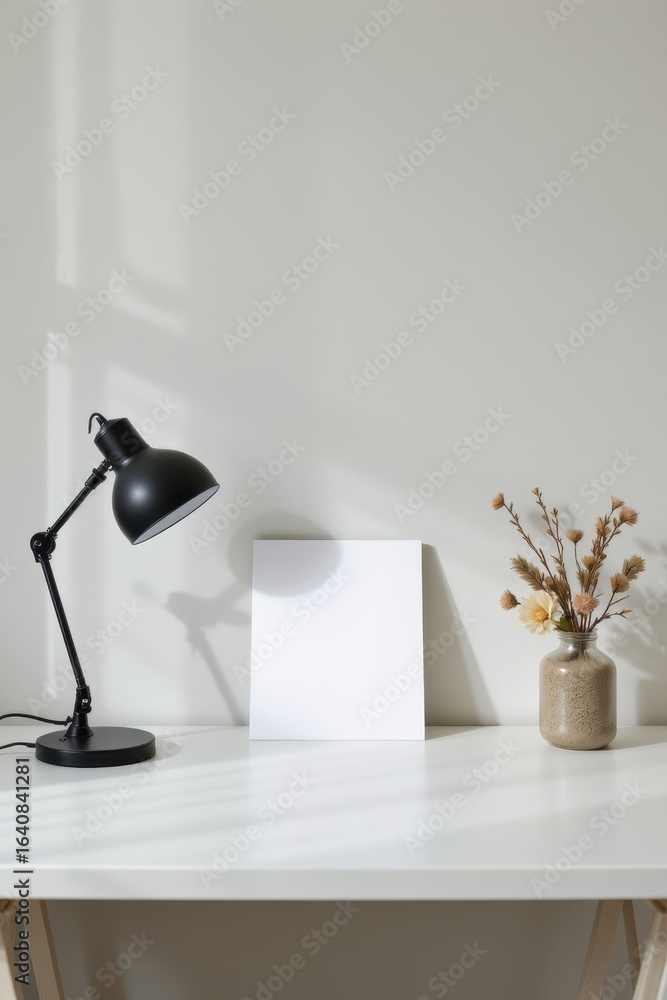 Poster minimalist desk setup with a black adjustable lamp blank square canvas and dried flowers in a jar