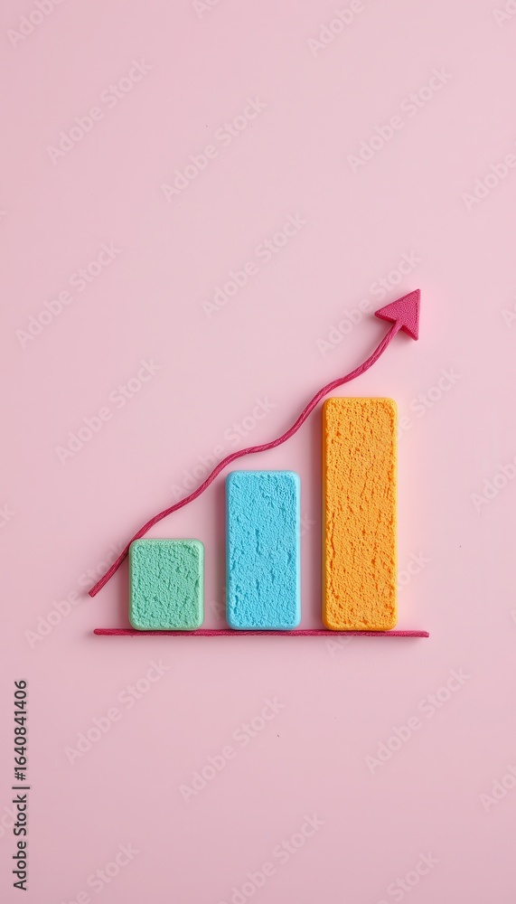 Poster three colorful textured blocks forming an upward bar graph with a pink arrow