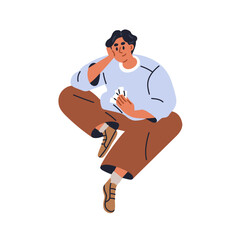 Man sitting, holding paper cards. Young male in thoughtful pose. Person leaning head on hand, thinking, seated on floor, pensive expression. Flat vector illustration isolated on white background