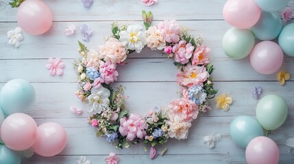 Soft floral birthday wreath with pastel balloons on wooden table .