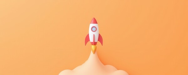 A stylized cartoon rocket ship blasting off against a solid orange background with smoke