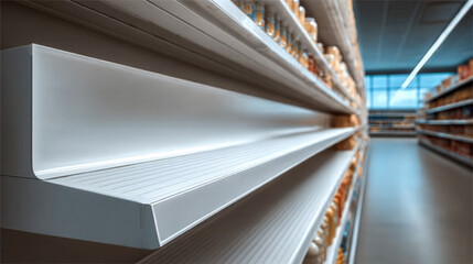 Empty grocery store shelf supermarket aisle retail food shortage modern interior fluorescent lighting perspective view economic crisis