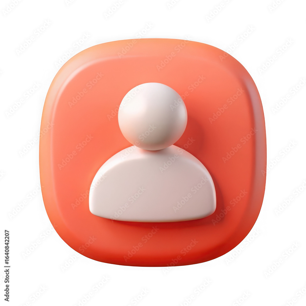 Poster stylized 3d user profile icon with a rounded square orange button and a white silhouette figure isol
