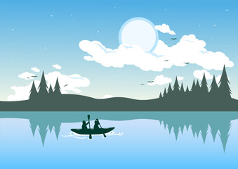 Morning scenic lake or river winter landscape with people rafting on kayak or canoe rowing with paddles in boat. Kayaking sport people using a kayak for moving over water. Vector Illustration