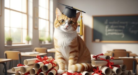 Cat Wearing Graduation Cap Sitting with Diplomas in Classroom