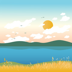 Landscape background in the lake and hills. Summer nature with wheat field by the sea. Beautiful sunset sky with sun and clouds. Vector illustration