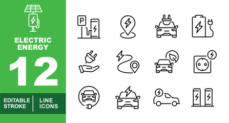 Fototapeta premium Electric Energy set of web icons in line style. Exclusive electric energy linear icon collection. Containing solar, parking, pointer, battery, plug, route, charger, station and more. Editable stroke