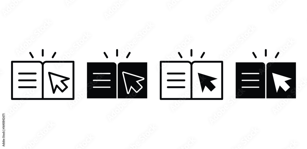Poster digital textbook icons open book with cursor, black and white color vector design illustration sets