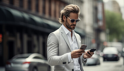 Stylishly dressed man checking his smartphone on a city street during daytime with modern architecture in the background