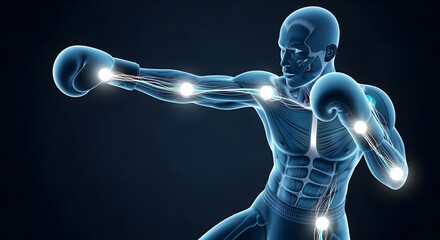 Anatomical Blue Boxer Striking with Gloves, Illuminated Nervous System