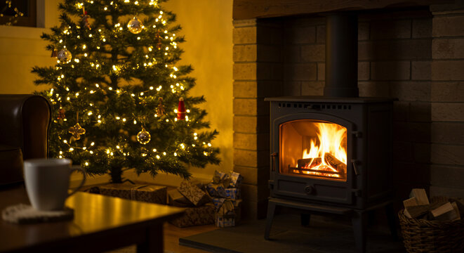 Cozy Christmas scene with a lit Christmas tree, a warm fireplace, and a mug on a table.