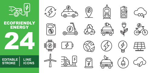 Ecofriendly Energy set of web icons in line style. Exclusive ecofriendly energy linear icon collection. Containing charge, vehicle, ecology, transport, recycle, power, and turbine. Editable stroke