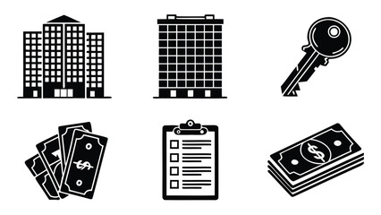 Illustration showing buildings key money and a checklist representing real estate matters exactly