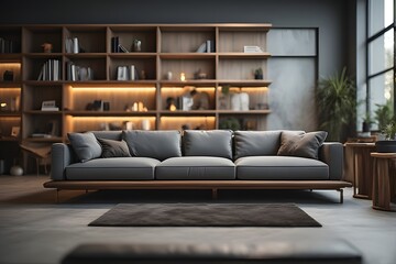 Modern living room interior with stylish gray sofa, wooden shelves, and cozy atmosphere
