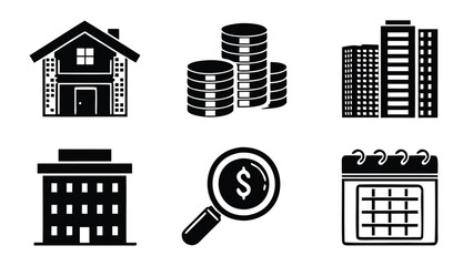 Illustration showing house, coins, buildings, office, magnifying glass and calendar icons in black