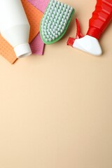 Vertical photo with cleaning products. Ideal for cleaning, organizing and home maintenance themes....