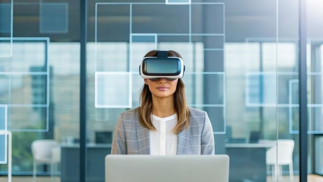 Innovative businesswoman immersed in virtual reality, exploring future technology in a modern office setting.