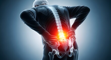 Man Clutching Lower Back with Painful Red Glow Medical Illustration