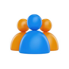 Three stylized 3d figures one blue and two orange representing a team or group of people isolated on transparent background