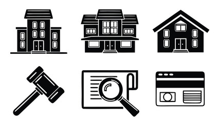 Illustration of three houses, a gavel, a document with magnifying glass and a web browser icon