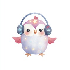 Fototapeta premium Cute Watercolor Owl with Headphones Listening to Music