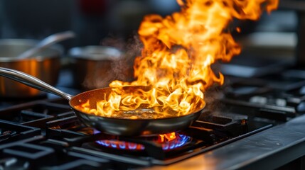 Close-up of a pan of food engulfed in flames on a gas stove in a professional kitchen.