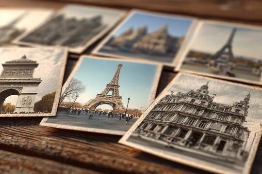 Vintage photos of Parisian landmarks on a wooden surface