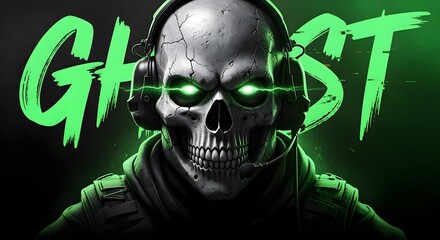 Skull Wearing Headset with Glowing Green Eyes on Dark Background