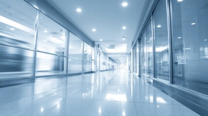 Fototapeta premium Modern Office Interior with Glass Walls and Shiny Floors, Clean Contemporary Design with Blue Toning