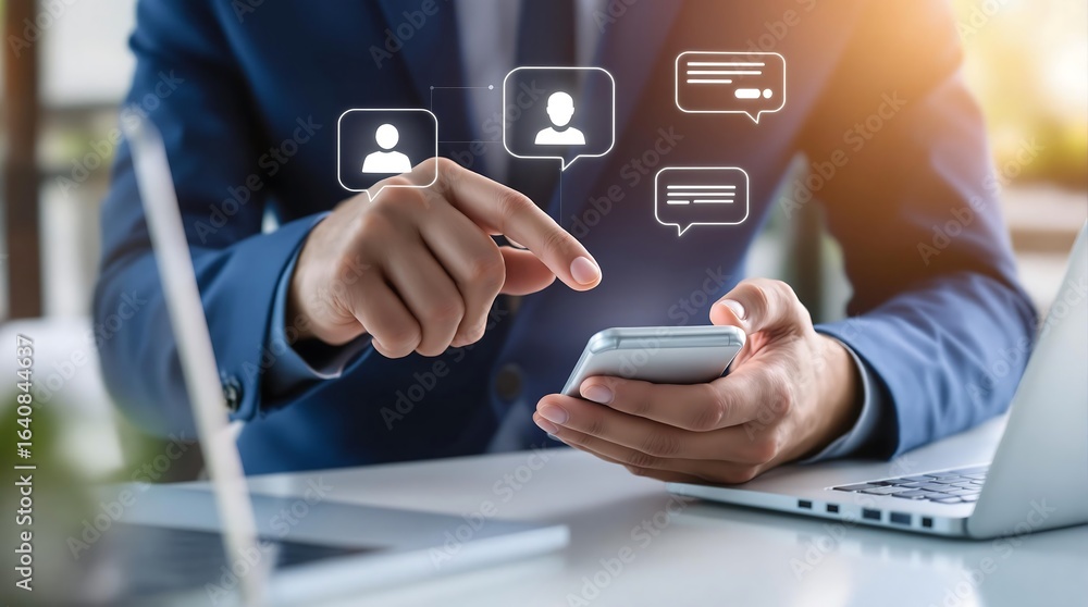 Poster businessman using smartphone for social media communication and networking concept