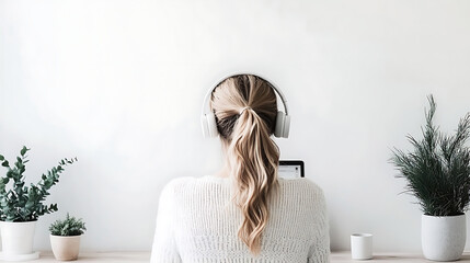 Woman working in minimalist hybrid home office with wireless headphones, white and wood Scandinavian design, natural light, and clean desk.