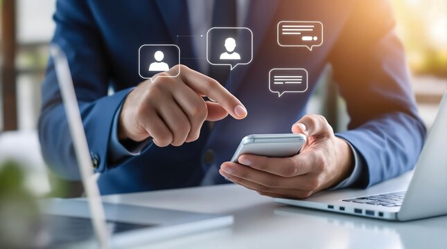 Businessman using smartphone for social media communication and networking concept