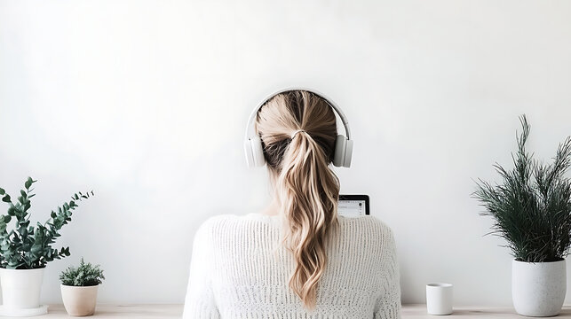 Woman working in minimalist hybrid home office with wireless headphones, white and wood Scandinavian design, natural light, and clean desk.